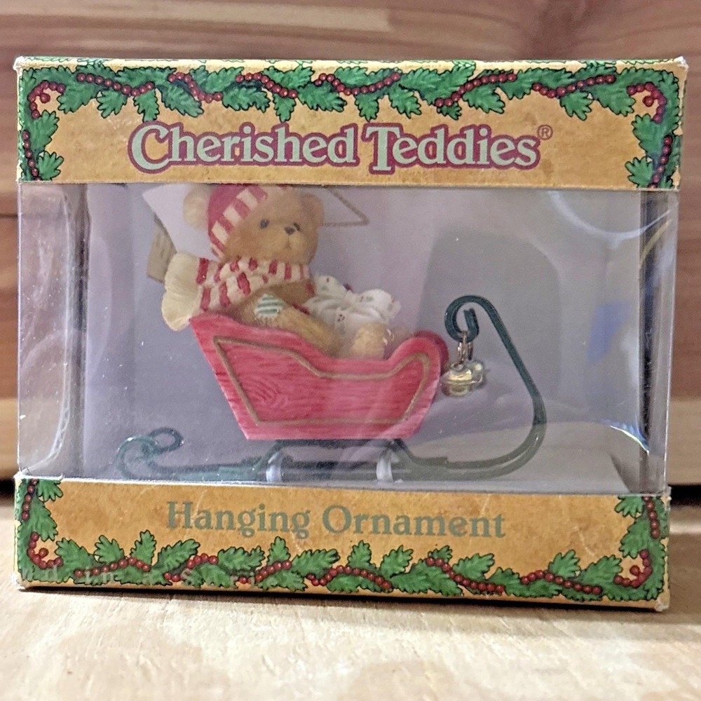 1995 Enesco Cherished Teddies Resin Bear in a Sleigh Sled Hanging Ornament